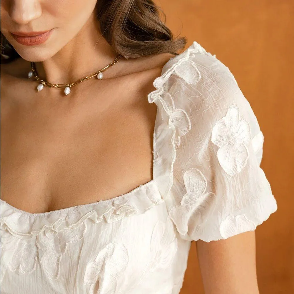 RIHOAS Beige Square Neck Puffed Sleeve Midi Dress M White Size M - Image 3