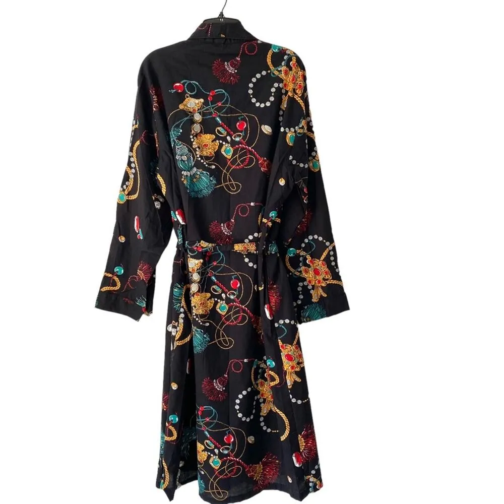 Vintage Shady Character NYC Rare 80s Black Cotton Jeweled Bath Robe size 4 - Image 7