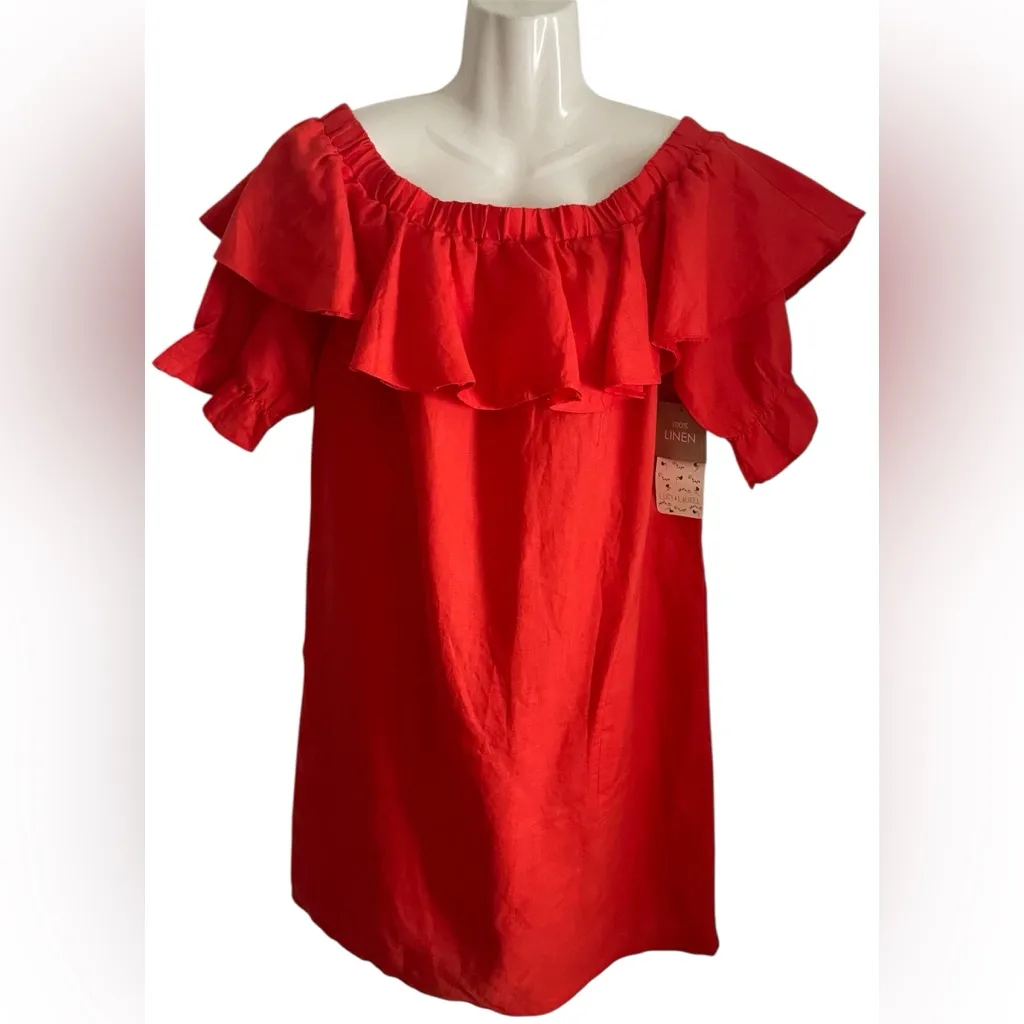 Lucy & Laurel Bright Coral Linen dress, off shoulder, puff sleeve, pockets XL - Image 2