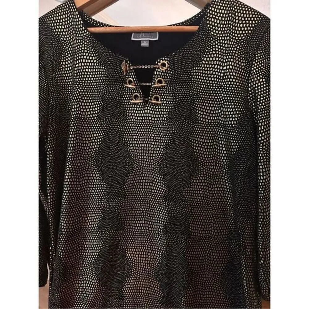 GM Collections Metallic Black‎ Gold Formal Blouse Top M | Evening Party Tunic Black Size M - Image 4