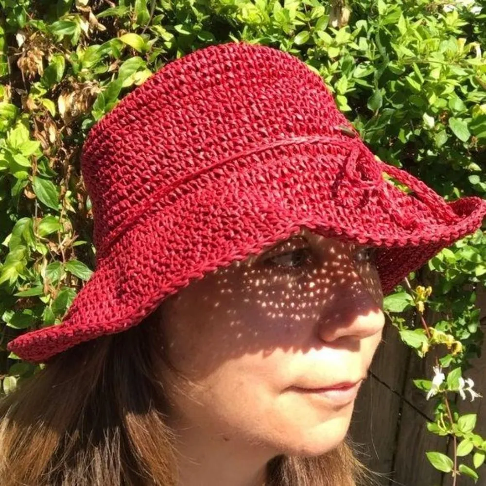 Scala  Wide Brim Straw Hat Sun Hat Red Summer hats Paper Crochet Vintage - Image 8