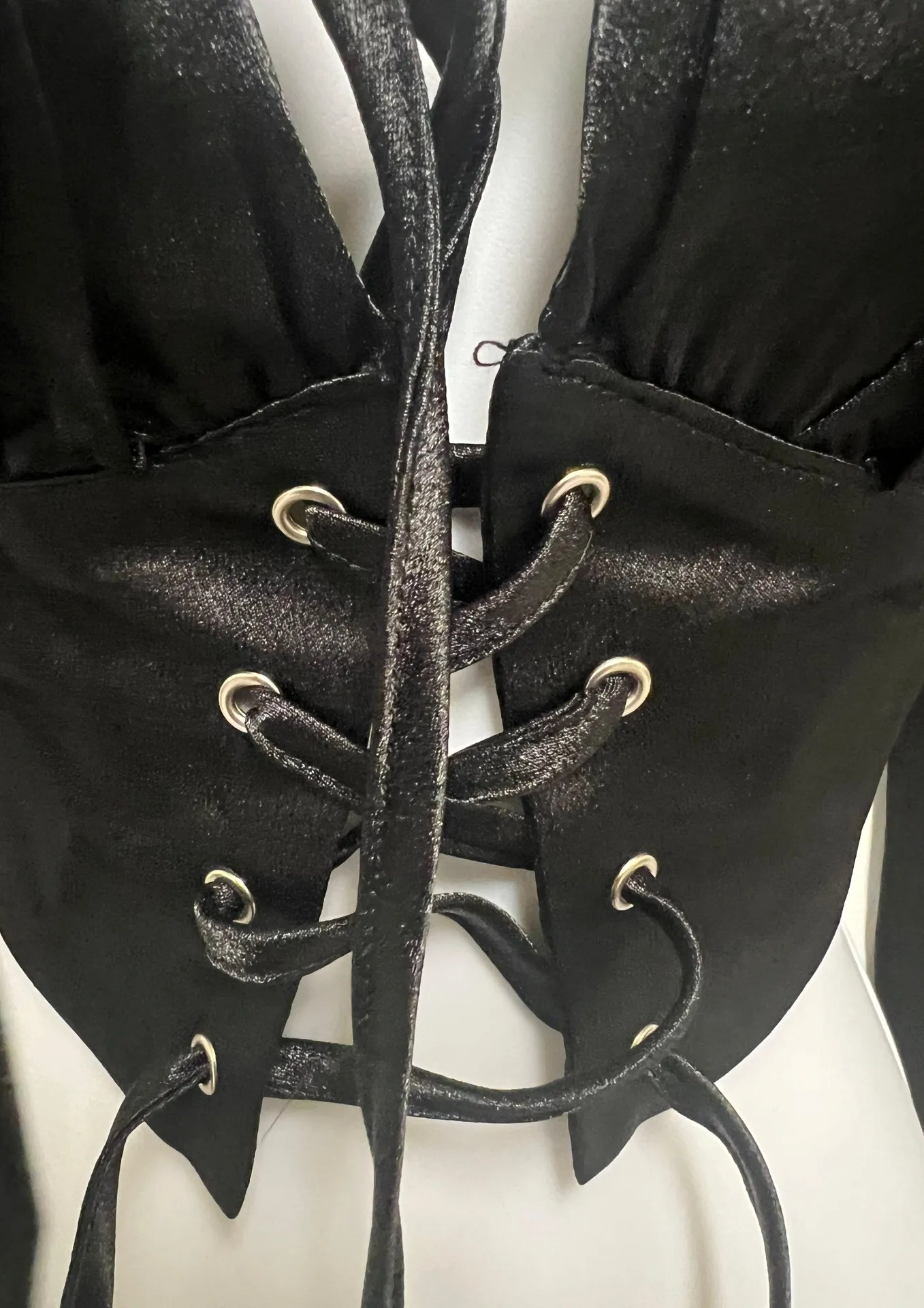 Black Satin Lace Up Front Cropped Blouse - Image 10