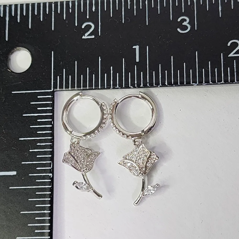 Sterling Silver with CZ Crystals Flower Huggie Hoop Earrings New - Image 7