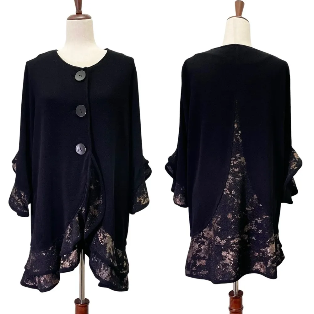 Vintage Ali Miles Lagenlook Ruffle Trim Black & Gold Jacket Topper Size Large - Image 15