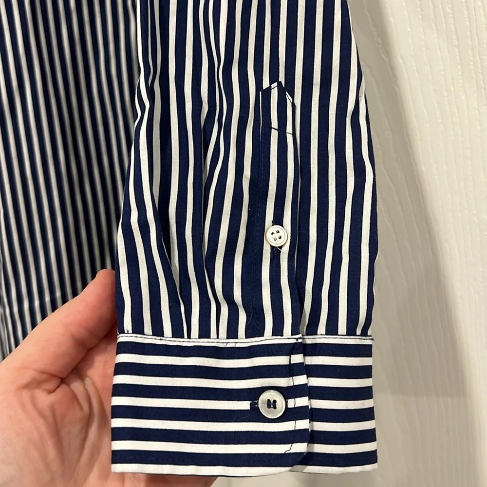 TALBOTS NON-IRON Collared Popover Top Blue White Striped Long Sleeve Womens 8 - Image 3