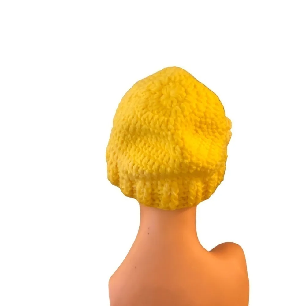 Hand~Knit Beanie W/Brim Retro Yellow Red Attached Flower/Strawberry Grandma NWOT - Image 7