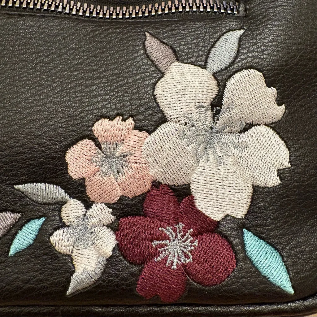 NWT Rampage Black Faux Leather Crossbody Bag Floral Embroidery Silver Hardware - Image 2