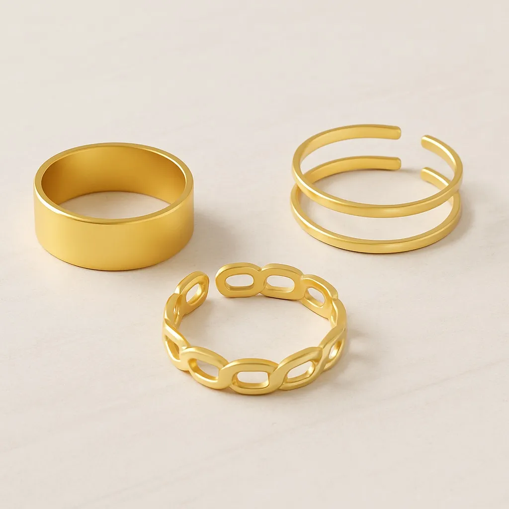 Gold Adjustable Ring Set – Wide Band, Chain Link & Spiral Design - Image 3