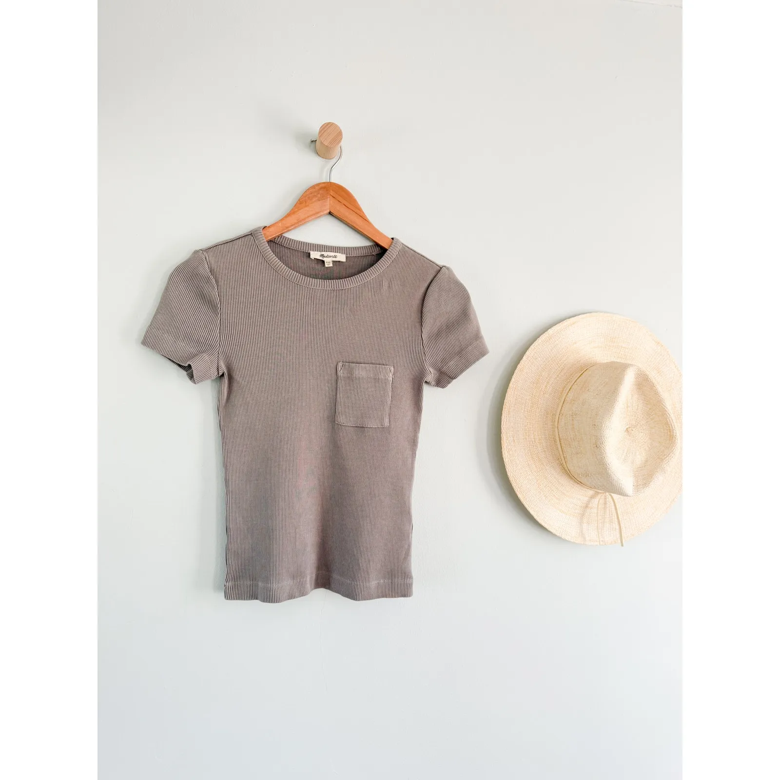 Madewell | NWT Garment-Dyed Ribbed Crewneck Pocket Tee Burnished Grey | XXS - Image 3