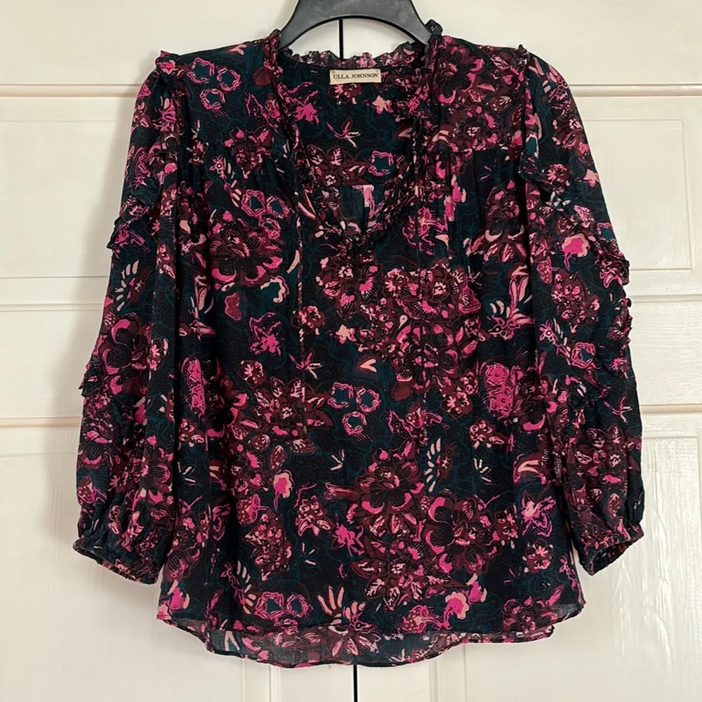 ULLA JOHNSON Rana Blouse Size 2 Midnight Floral Puff Sleeve Cotton Ruffles - Image 5
