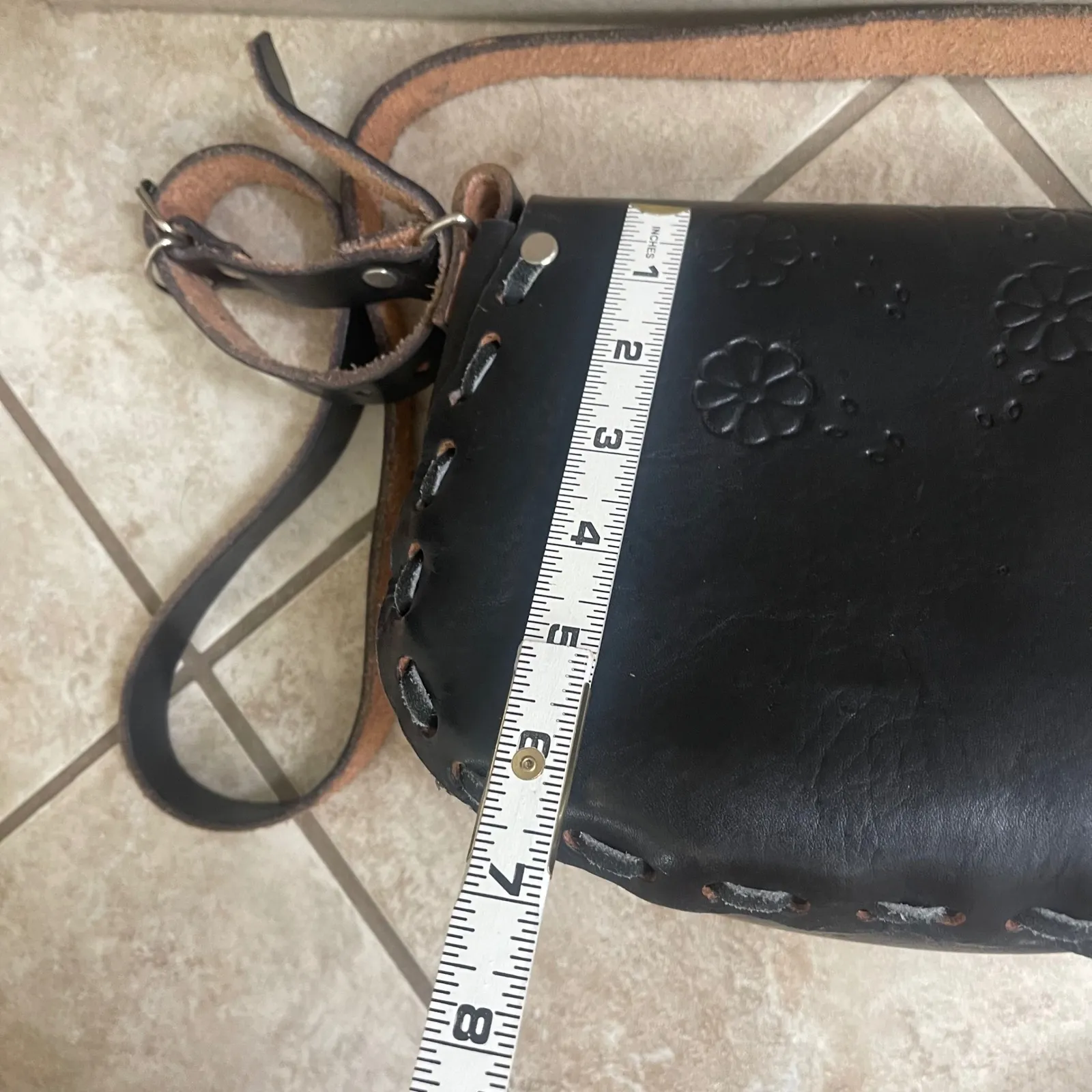 Mexican Black‎ Leather Floral Tooled Crossbody Bag Small Purse Bohemian Boho Black - Image 12