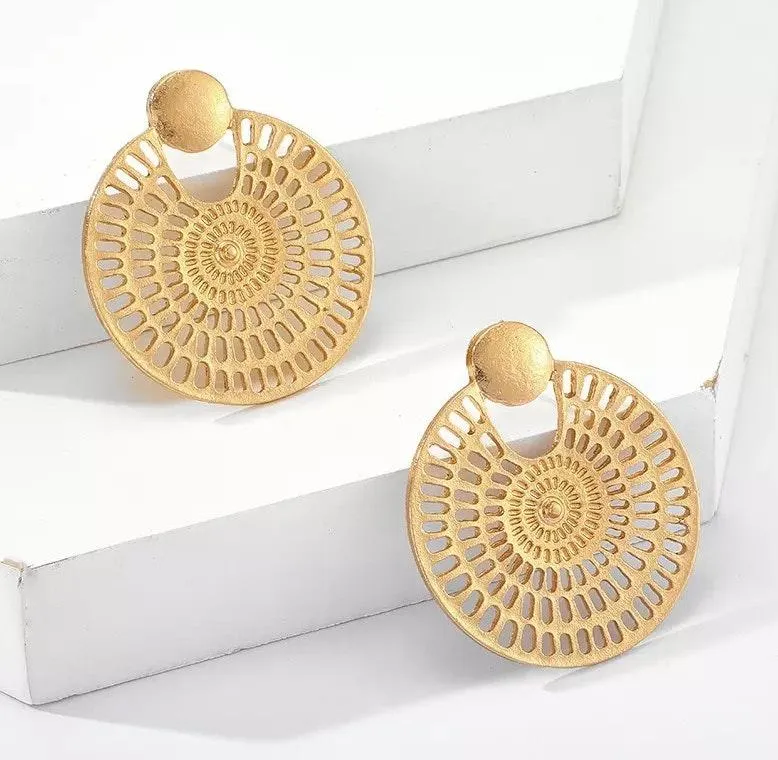 Hollowed Circle Round Stud Drop Earrings Gold - Image 4