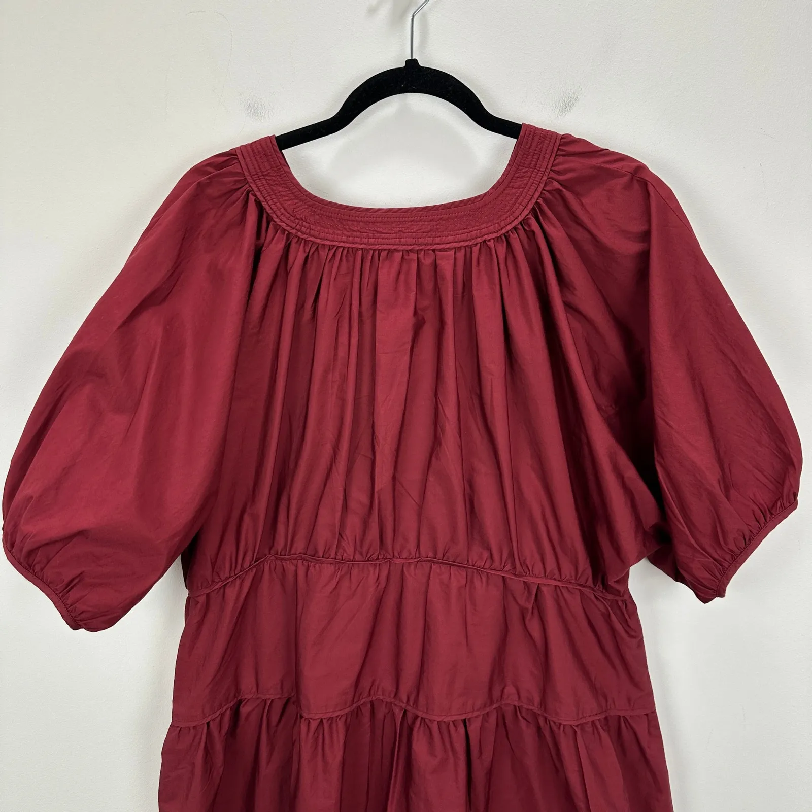 Madewell Puff Sleeve Mini Dress Poplin Claret Burgundy A Line Pockets Large NWT - Image 11