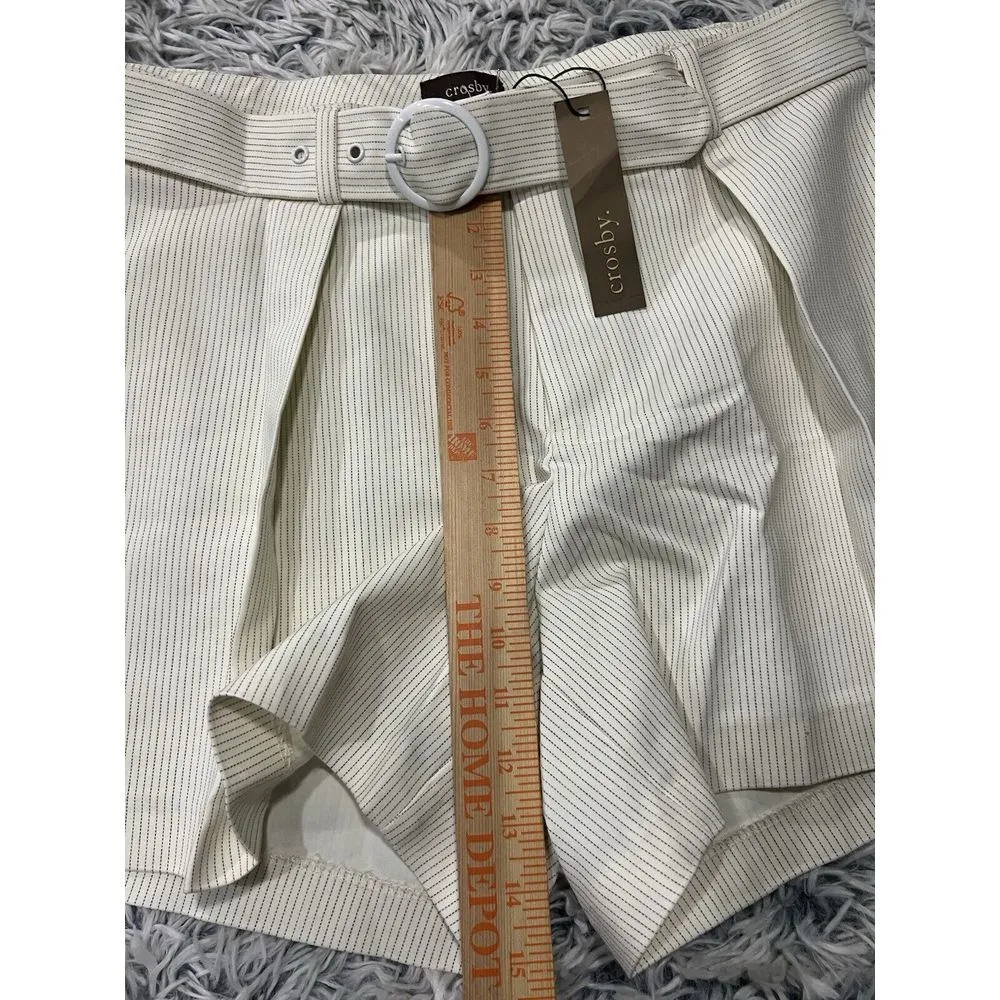 Crosby. Cream Gray Pinstripe Belted Pleated High Waist‎ Paperbag Shorts Size 10 - Image 6