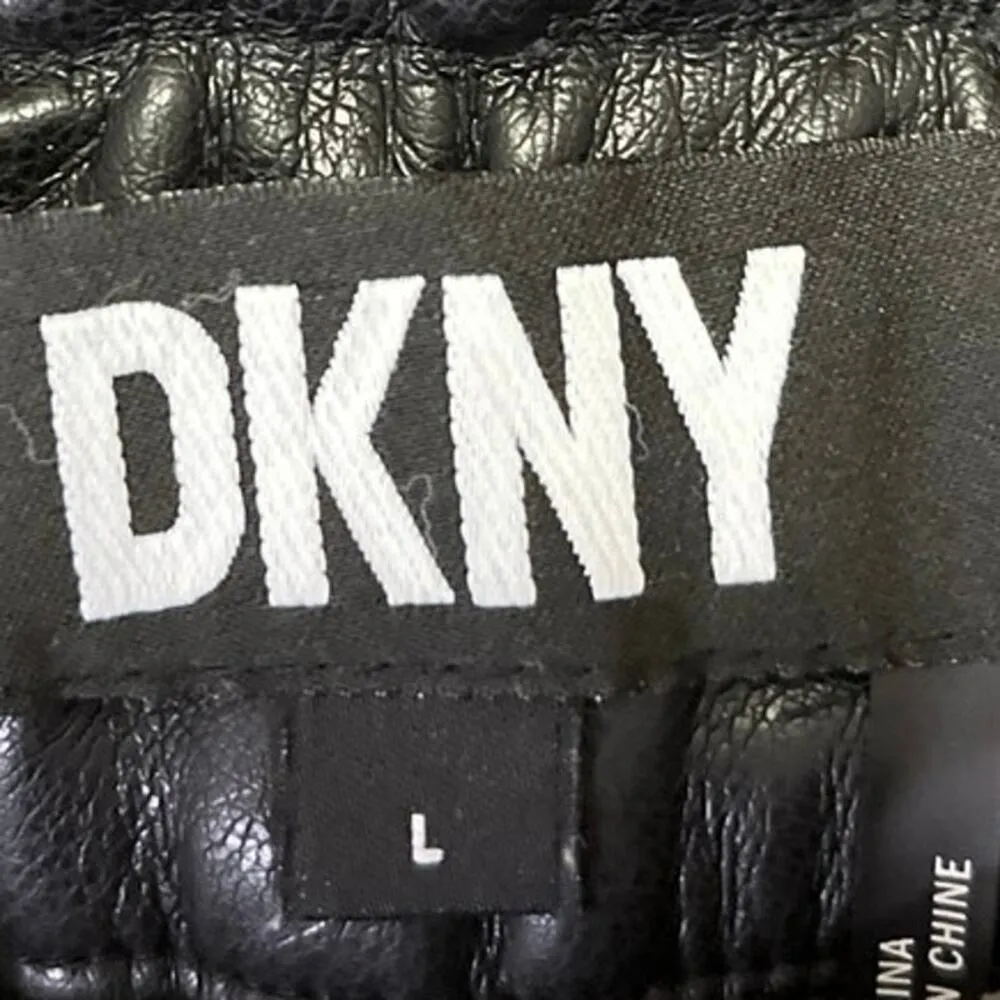DKNY Women's Black Wide Leg Faux Vegan Leather Pull On Crop Trousers Pants Sz L - Image 5