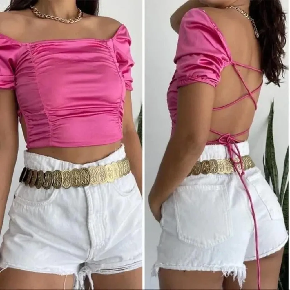 NEW Hot pink metallic barbie lace up crop top Pink Size L - Image 8
