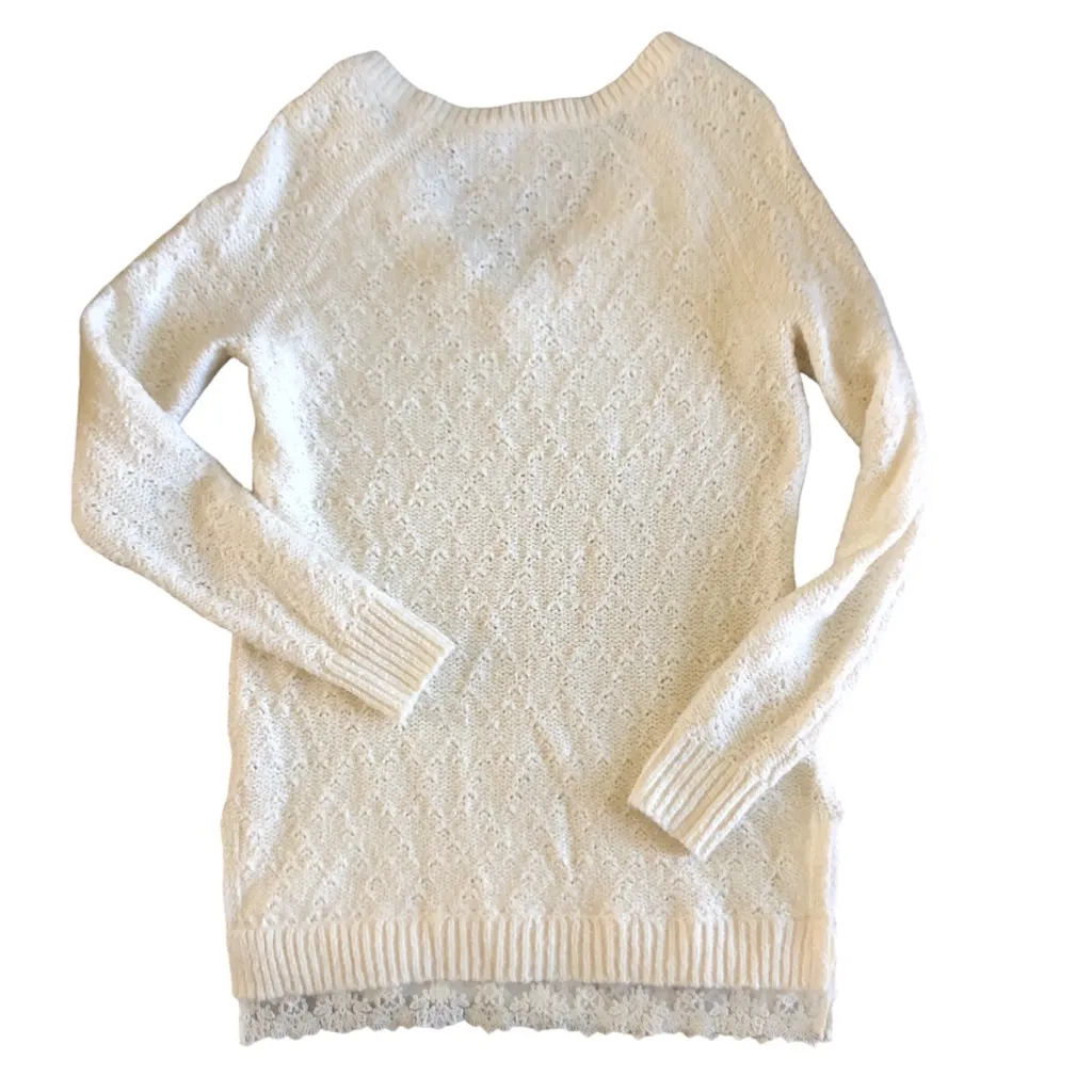 C Anthropologie Knitted & Knotted Cream Lace Bottom Hem Women’s Sweater XS - Image 11