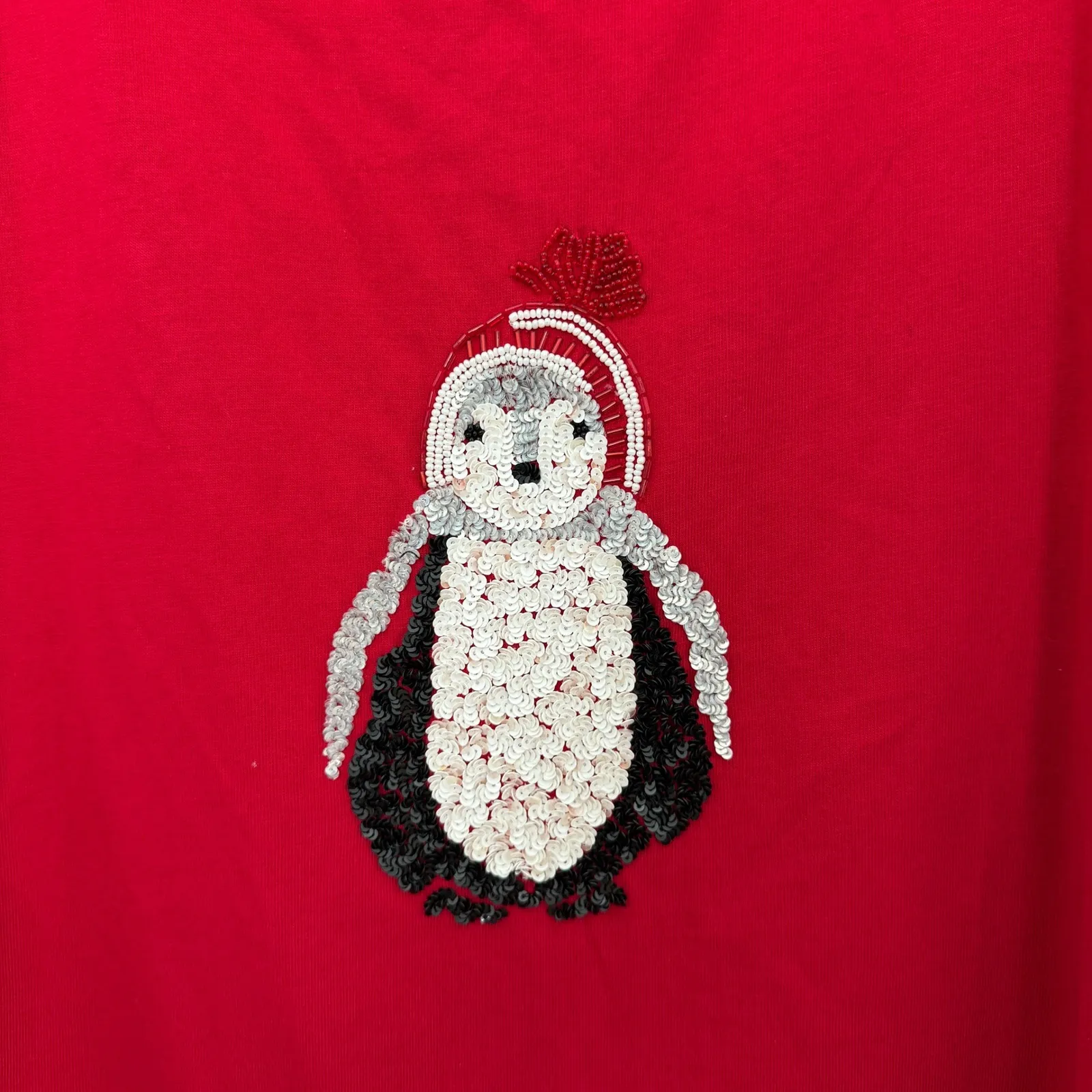 Talbots Womens Penguin‎ Top Size 3X Red Sequin Holiday Winter Long Sleeve Tee - Image 3