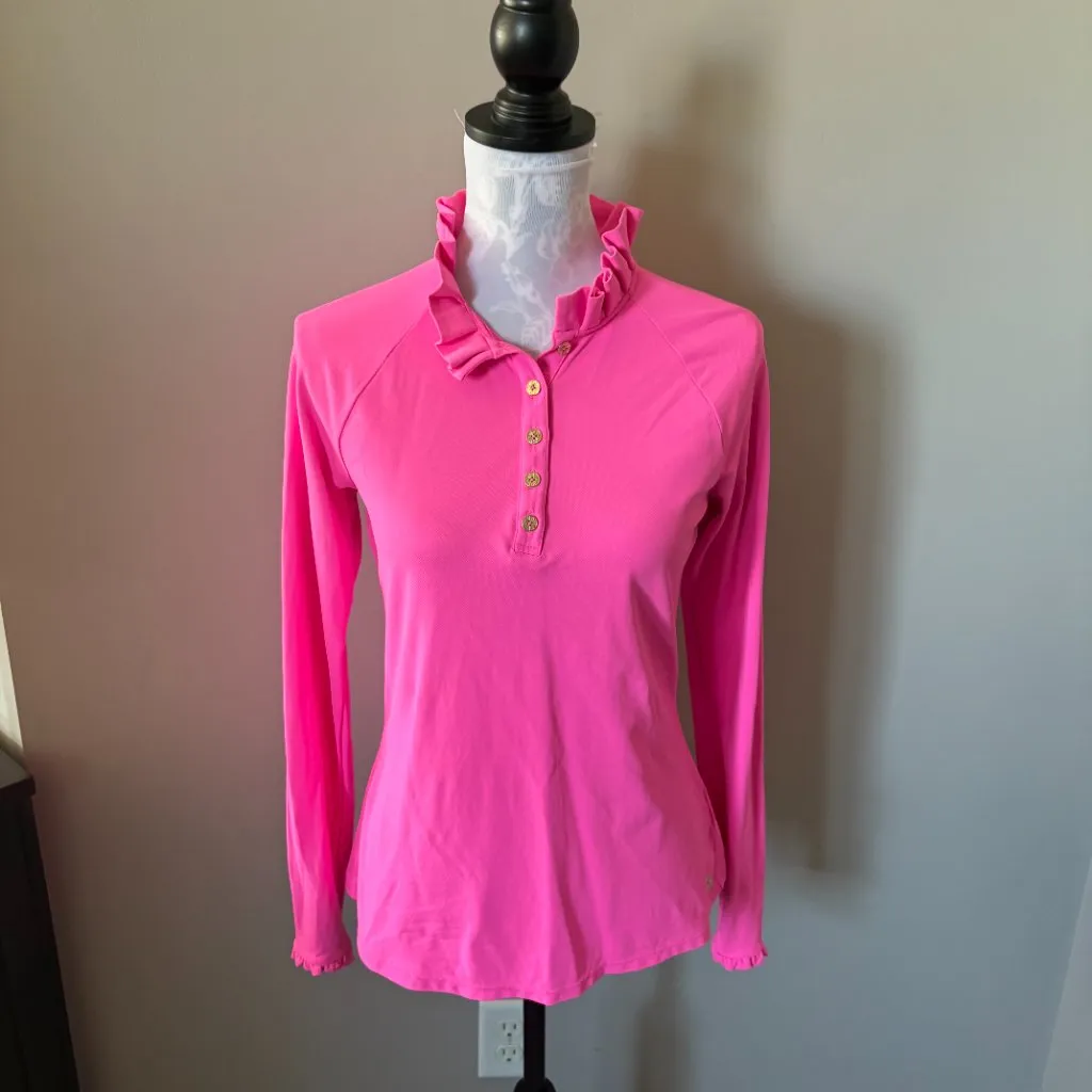 Lilly Pulitzer Luxletic Hutton Polo Long Sleeve Ruffle Collar Small Pink - Image 2