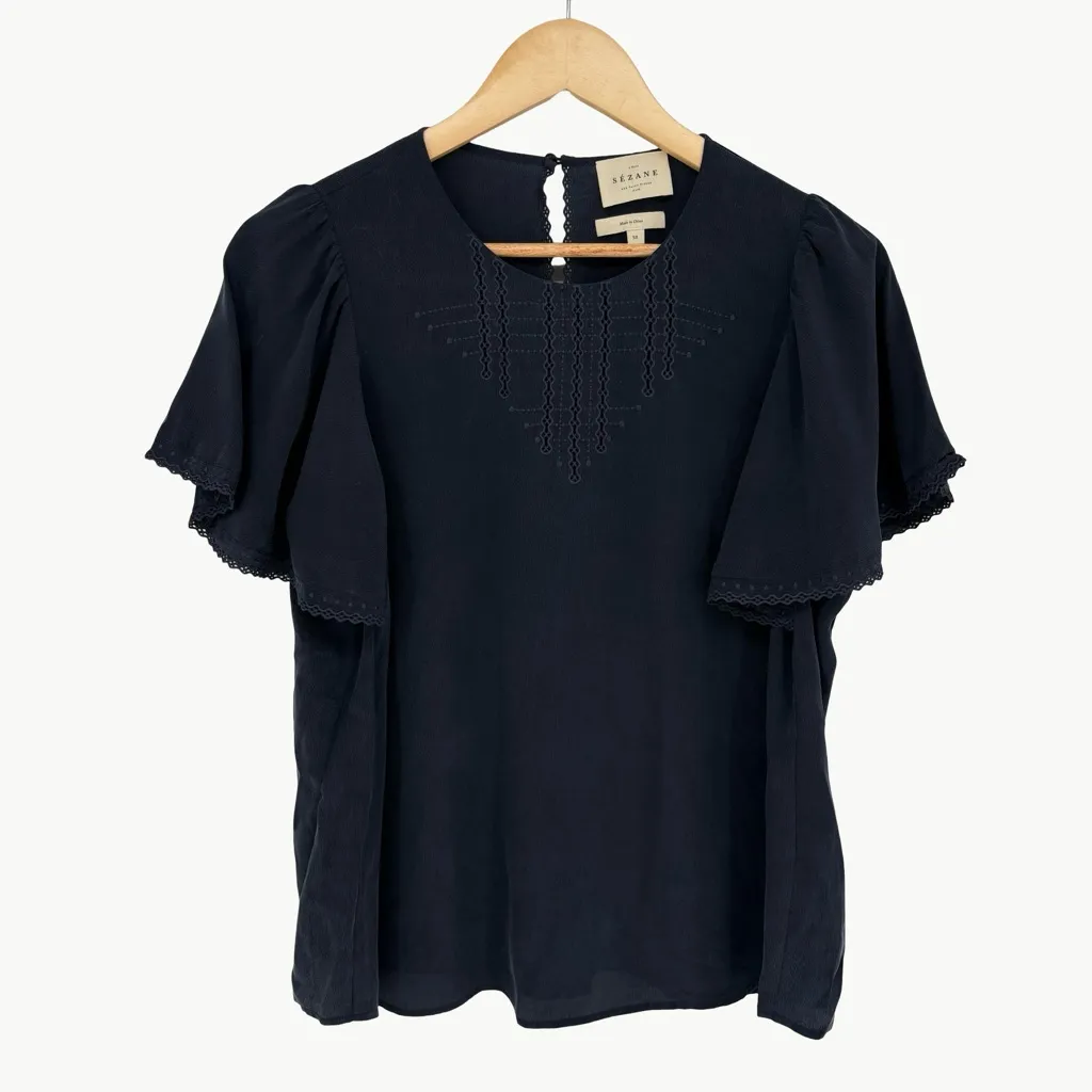 Sézane Matty Ruffle Silk Short Sleeve Blouse | Sz FR 38 (US 6) | Navy Blue - Image 2