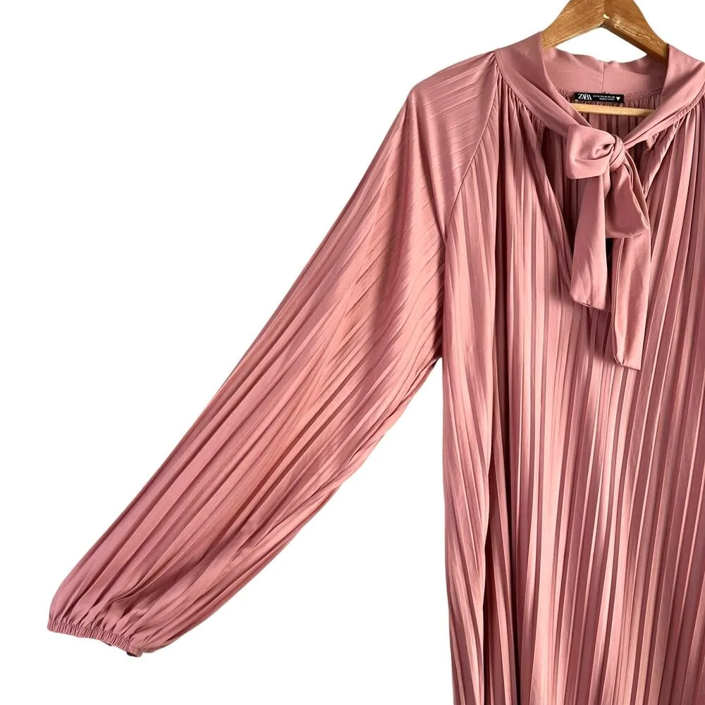 Zara Pleated Long Sleeve Tie-Neck Mini Dress in Dusty Rose Pink Bloggers Fave, M - Image 9