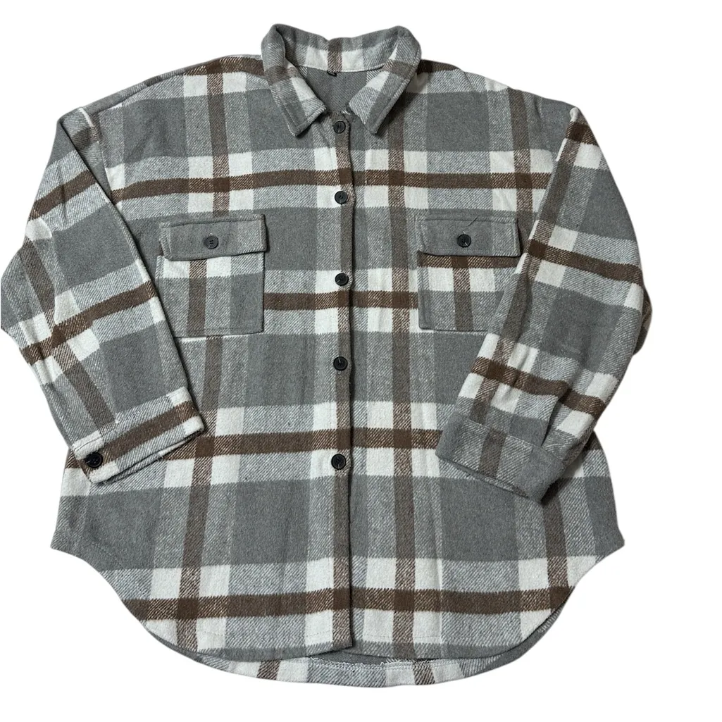 Woman’s Flannel Fleece Jacket Sherpa Button Up Shacket size XXL Gray - Image 2