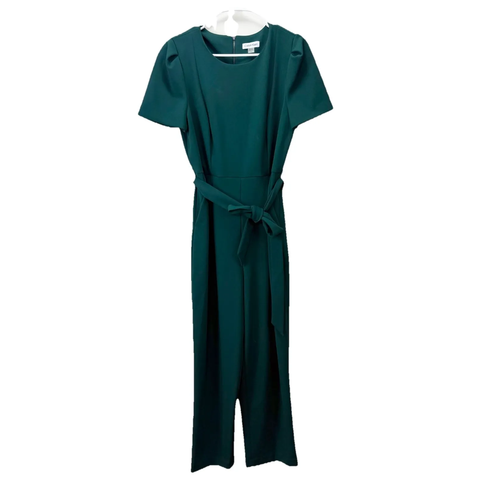 Calvin Klein Green Puff Sleeve Belt Stretch Wide Leg‎ Crop Jumpsuit 12 Pockets - Image 3