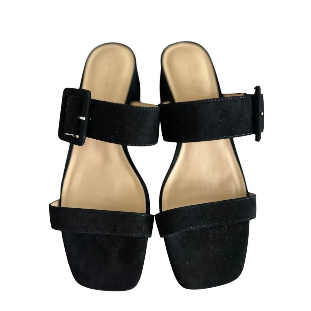 Ann Taylor Black Suede Low Chunky Heel Buckle Square Toe Sandal - Image 2