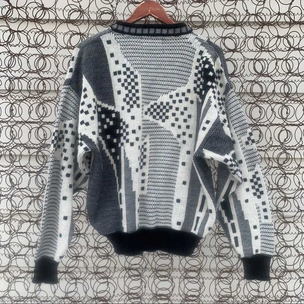 Vintage London Fog black white aspens abstract geometric sweater wool LARGE - Image 4
