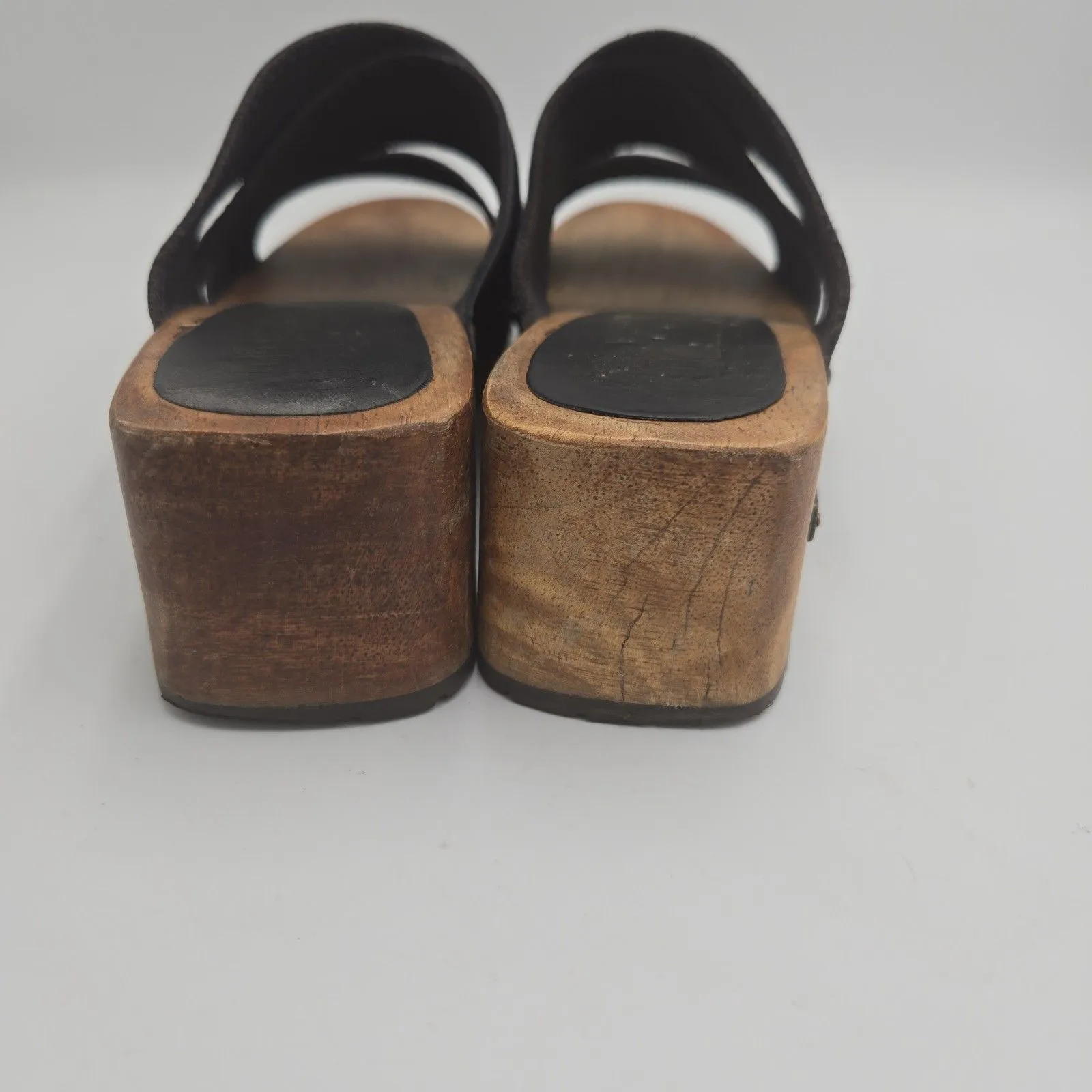 Bongo Women Size 6 Blue Leather Wooden Platform Sandals Chunky Clogs Retro Y2K - Image 4