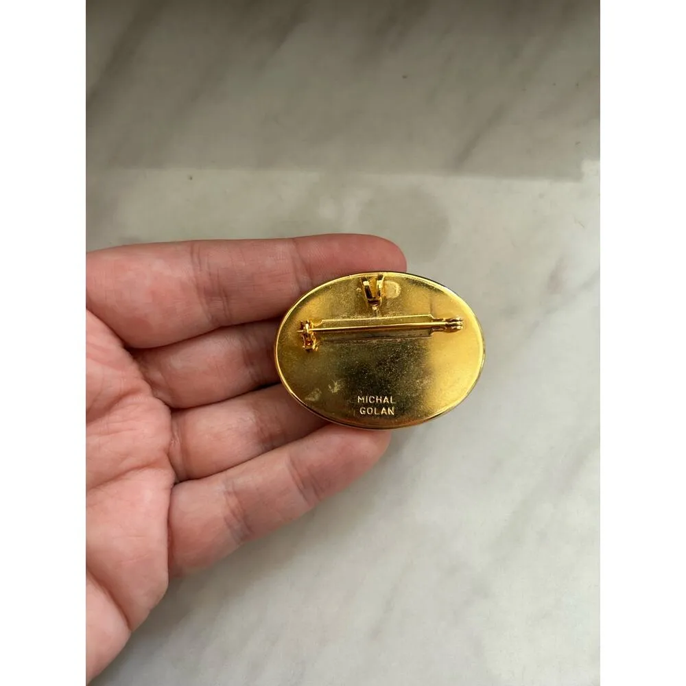 Michal Golan Gold Toned & Green Stone 1.5 inch Brooch - Image 2