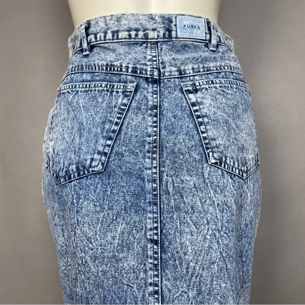 Vintage 80s Denim Skirt Lace Trim Acid Wash Retro Jean Skirt Pencil Cotton Blue Size undefined - Image 6