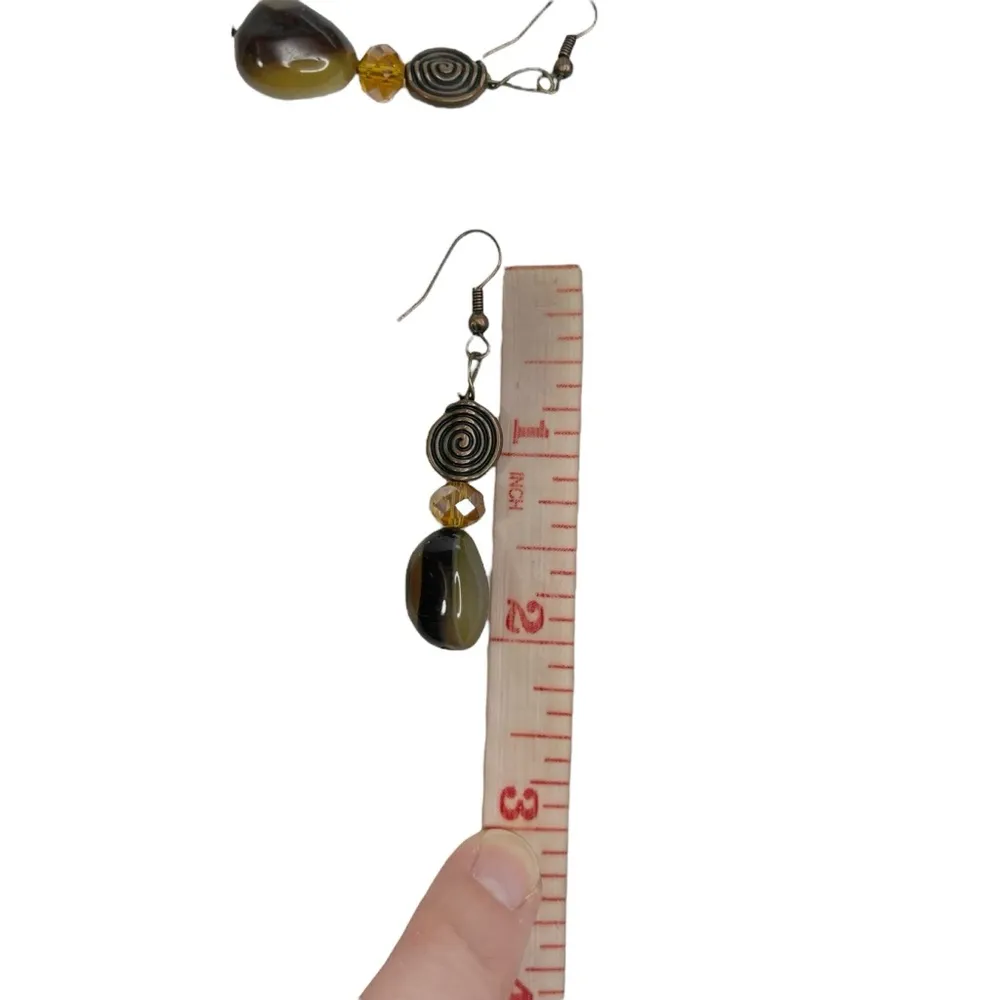 Natural Stone & Antiqued Brass Swirl Amber Faceted Bead Dangle Pierced Earrings Brown - Image 8