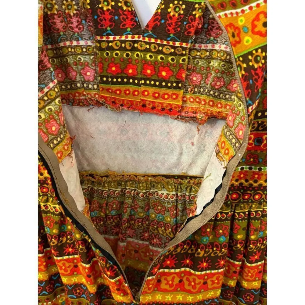 Vintage Groovy Floral Bark/ Lava Cloth Handmade Maxi Dress S/M Orange - Image 5