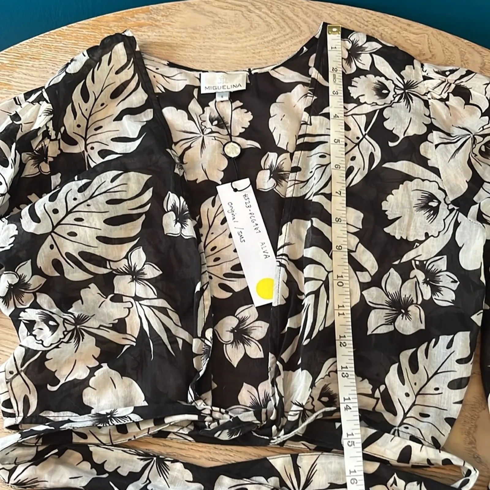 Miguelina Alva Bell Sleeve Cropped Top with Wrap Around Ties Floral Linen Size S Black - Image 7