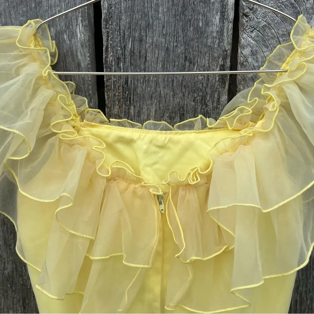 Vintage 70s Chiffon yellow sheer ruffle gone with the wind southern Belle dress Size XS - Image 3