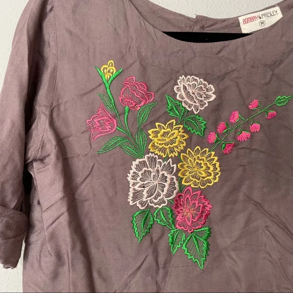 Bombay Paisley Brown Floral Embroidered Cropped Short Sleeve Blouse Women M Boho Size M - Image 2