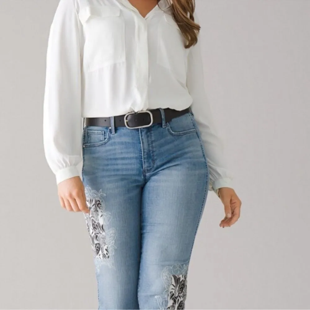 WHBM The Straight Crop Jeans High Rise Embroidered With Patches Size 12 - Image 14