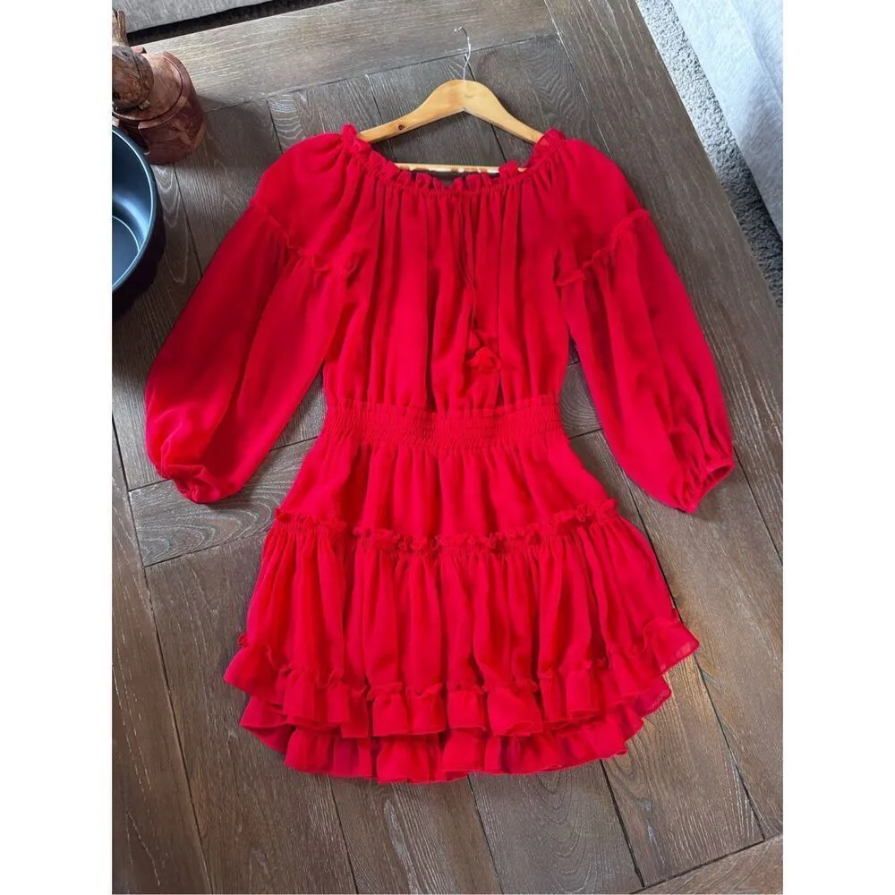 Misa Los Angeles Off Shoulder Daria Boho Crimson Red Mini Blouson Dress Size XS - Image 7