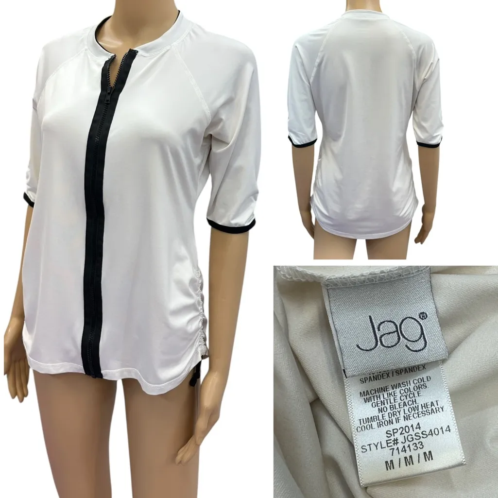 Jag Zip Up Front Half Sleeve Ruched Crew Neck Top White Black Womens Medium - Image 2