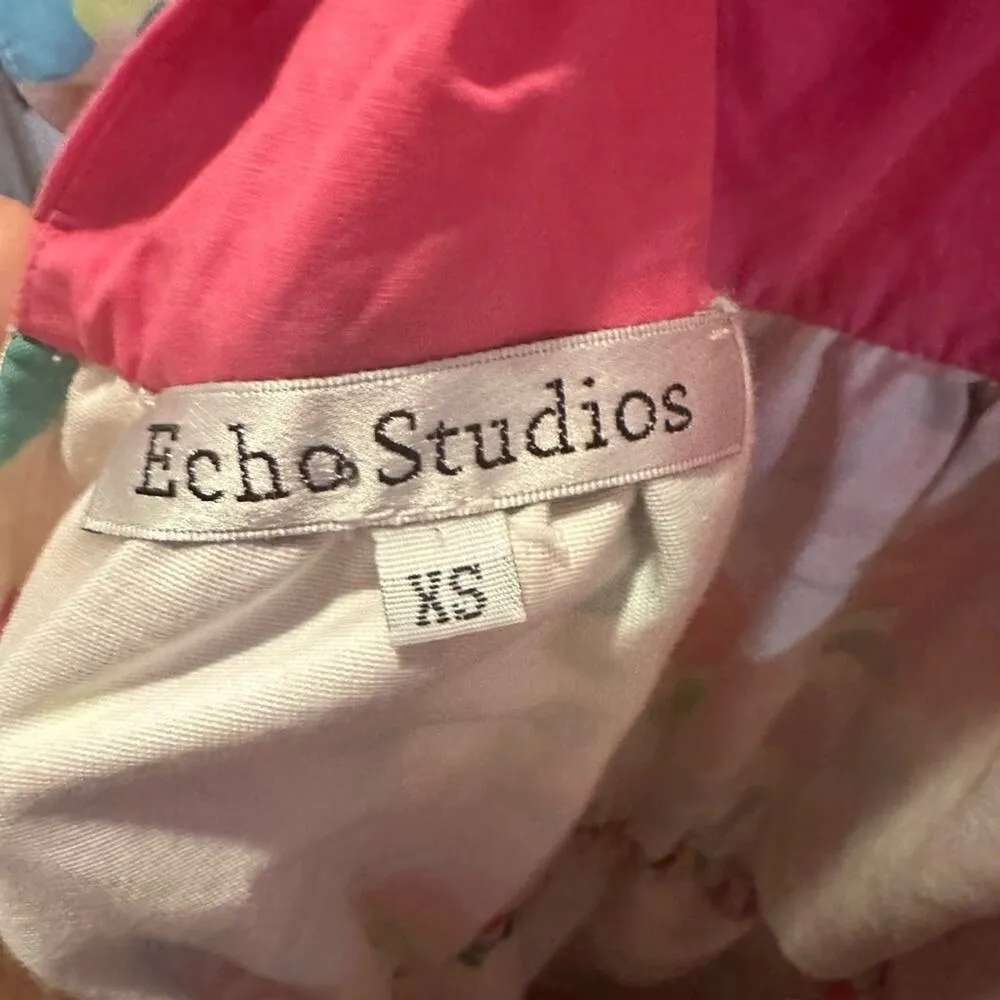 Echo Studios Retro Floral cinch waist Rare Summer Spring Vintage Unique XS EUC Pink - Image 4
