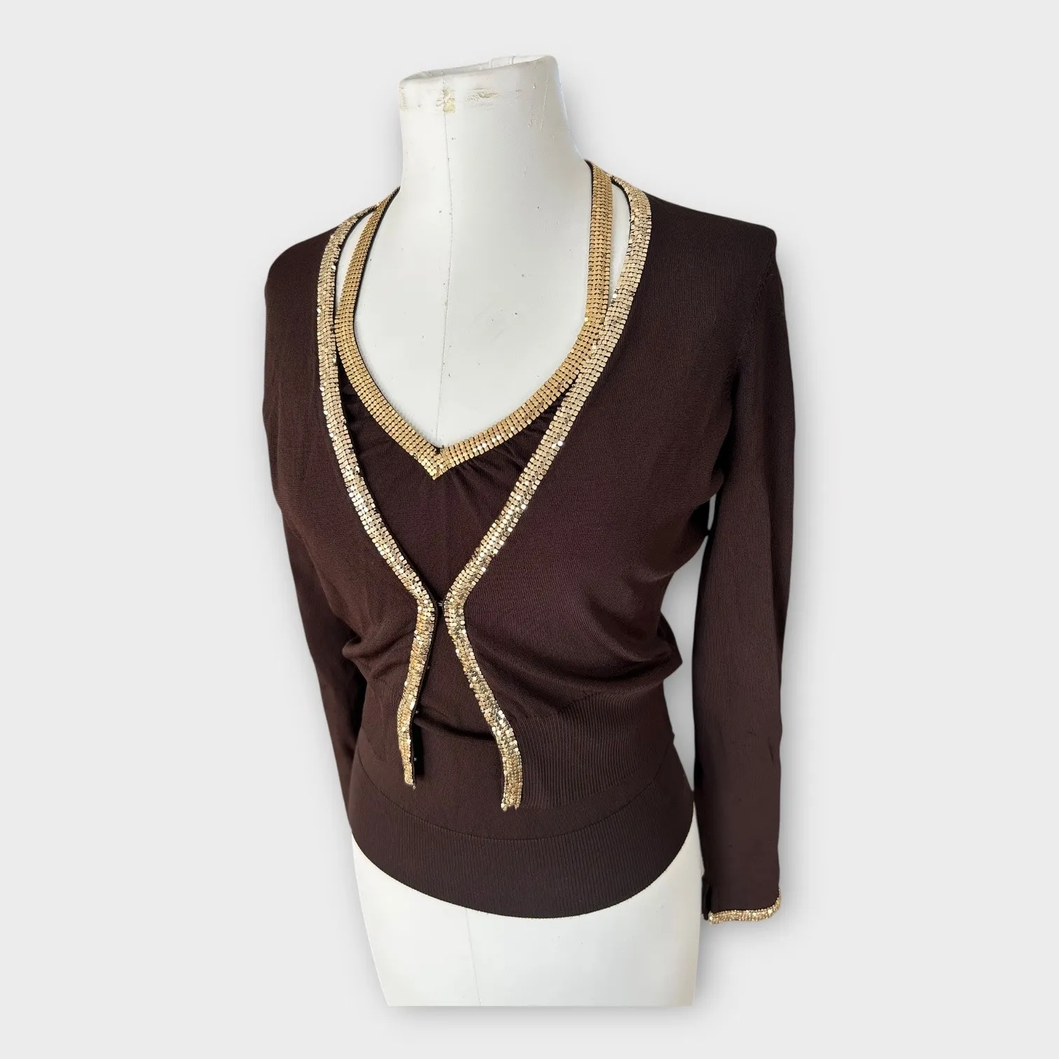 Vintage Y2K bebe Halter Top & Cardigan Set with Gold Chain Trim Brown Sz S/M - Image 2