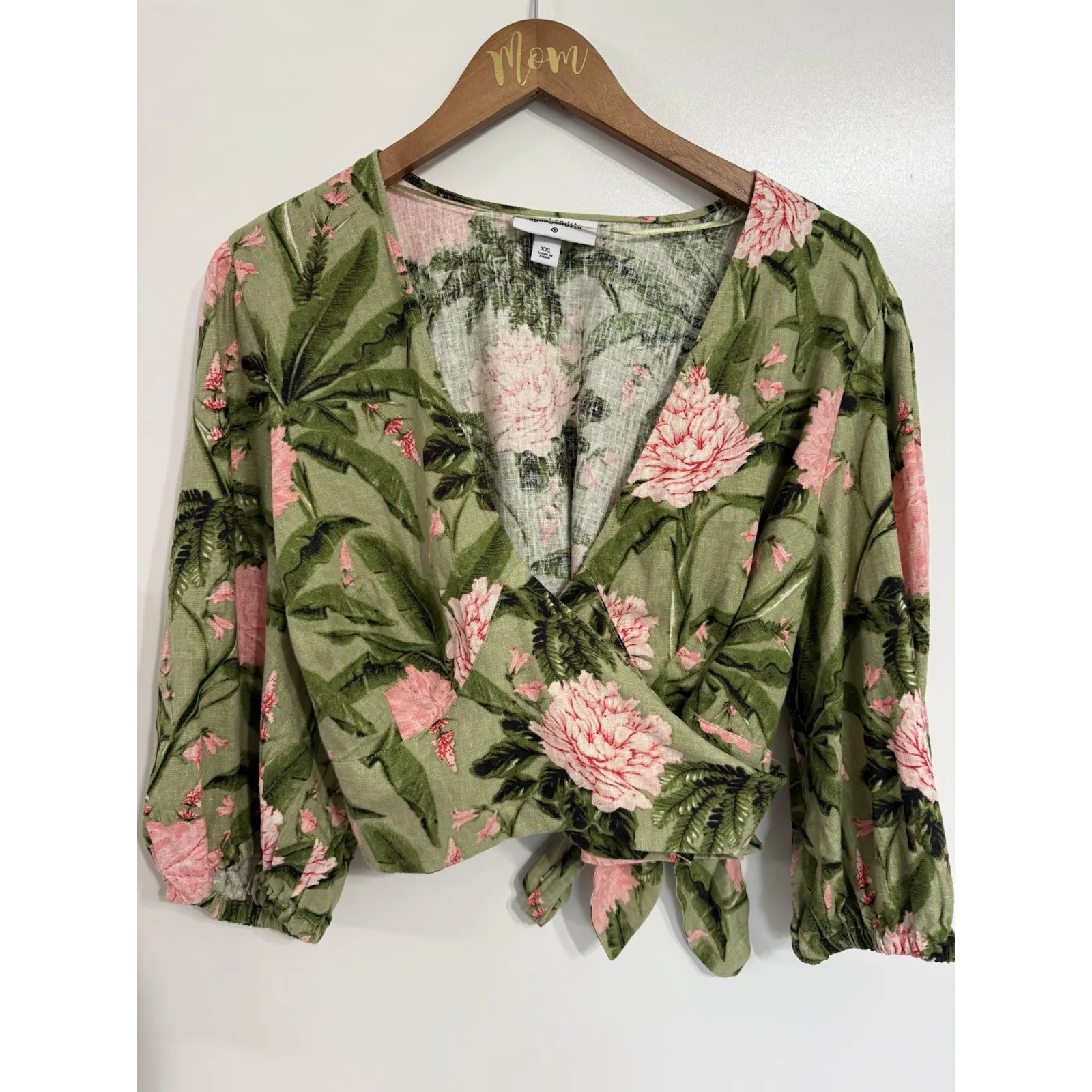 Aguabendita Target Floral Green Pink XXL Peony Print Wrap Top Blouse Linen Blend - Image 2