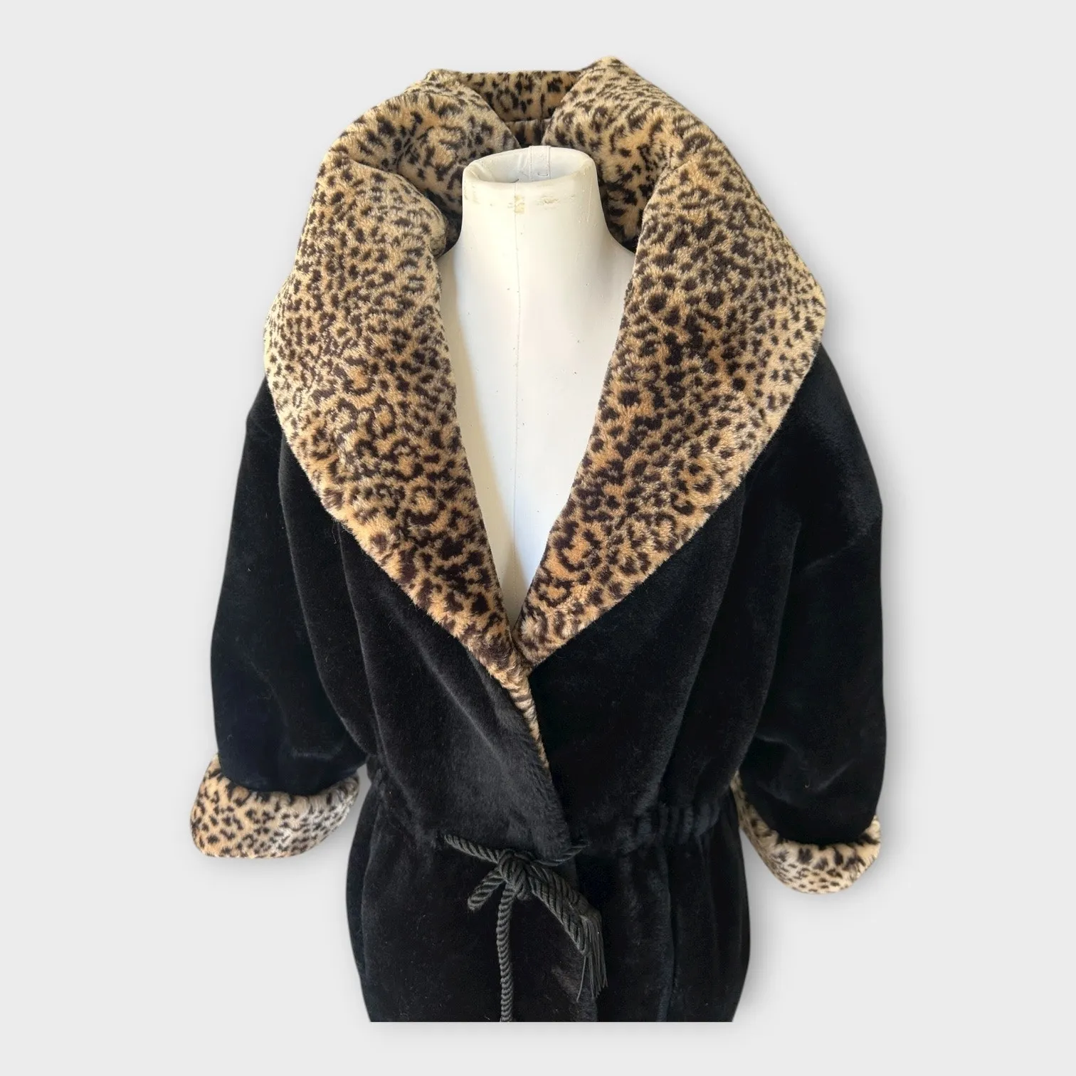 Vintage Monterey Fashions Faux Fur Coat Leopard Print Black Belted Women’s Large - Image 12