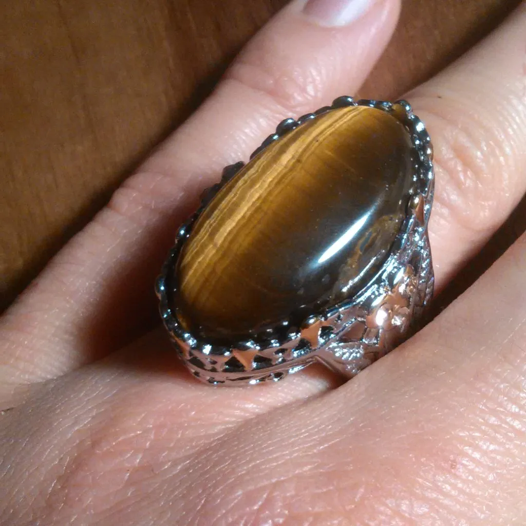 Tiger's Eye And Champagne Color Austrian Crystal Stainless Steel Ring (Size 6) - Image 12