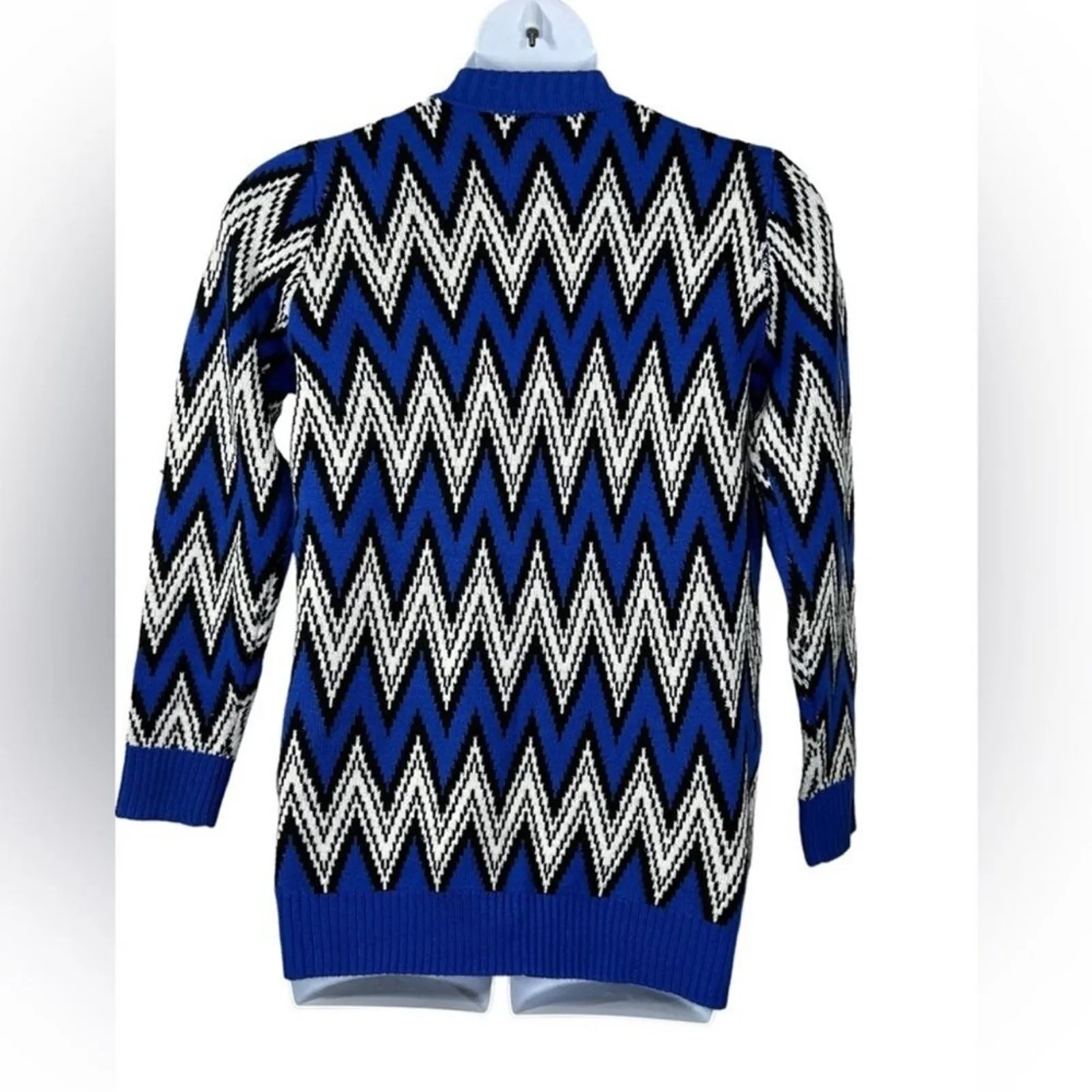 Allison Brittney Chevron Grandpa Cardigan Large Blue White Open Front - Image 5