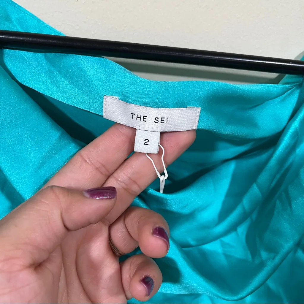 NWT THE SEI Draped silk satin gown Asymmetric sky 65" from shoulder - Image 6