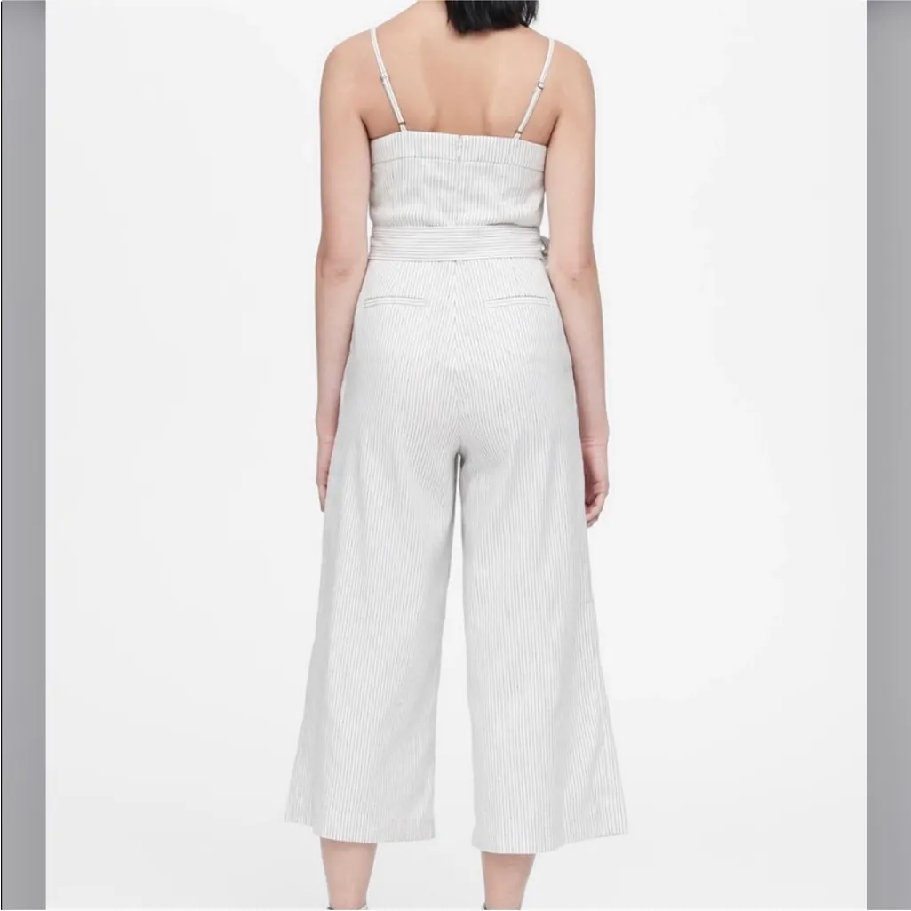 Banana Republic White Linen Blend Pin Stripe Squareneck Belted Crop Jumpsuit 10 - Image 3