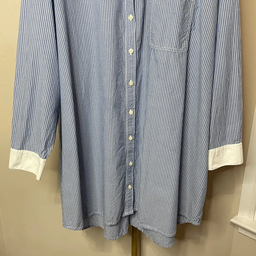 AMERICAN EAGLE AE Button Up Shirt Dress in Blue & White Pinstripe, XL - Image 6