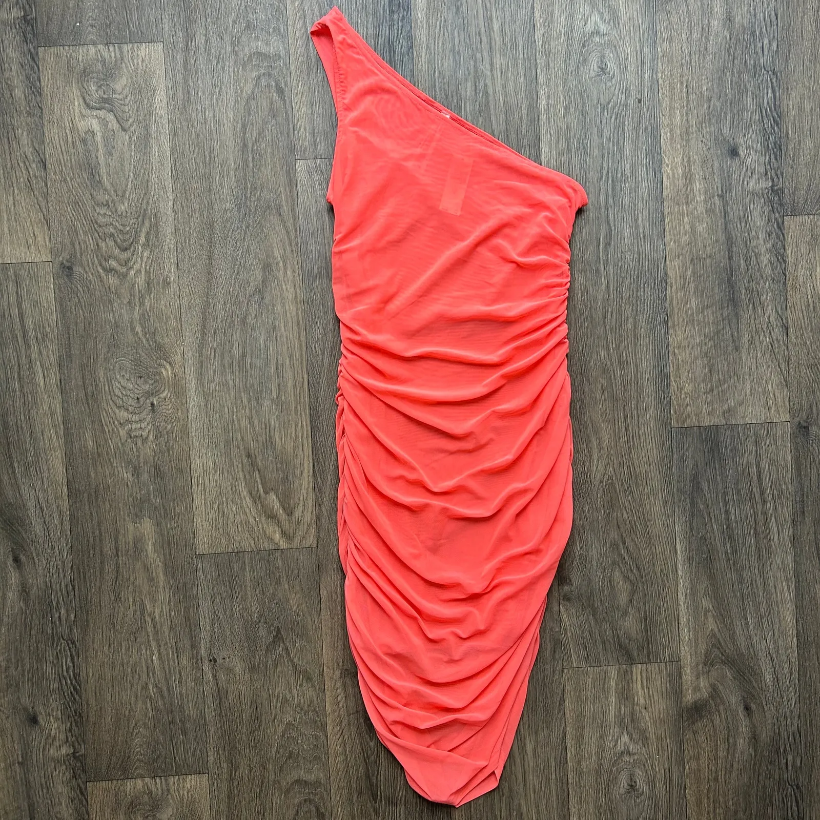 Anthropologie Coral Pink One Shoulder Mesh Dress Size Small - Image 3